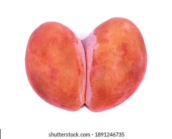 Bizarre Double Plum, Mutant Fruit In Heart-shape Isolated Over White Background