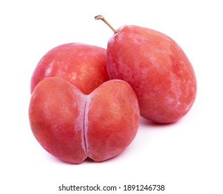 Bizarre Double Plum, Mutant Fruit In Heart-shape Isolated Over White Background