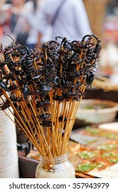 Bizarre Food At The Street Booth In Asia - Fried Scorpions 