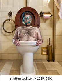 Bizarre Man With Goggles Swimming In Vintage Toilet