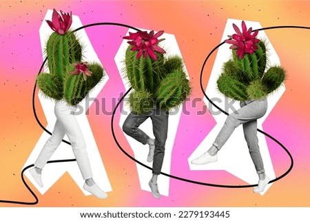 Bizarre template creative collage of three people with green succulent cacti enjoying natural plants