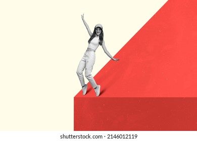 Bizarre weird banner of youngster lady stand on red cliff abyss feel childish isolated on colorful background
