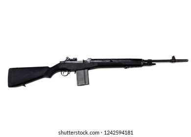 Black .303 caliber M1A rifle with a high-capacity clip isolated in white.