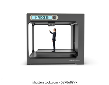 Black 3d Printer Finishing Printing A Businessman In The Black Suit, Isolated On The White Background. Additive Manufacturing. Creating Products Of Plastics.