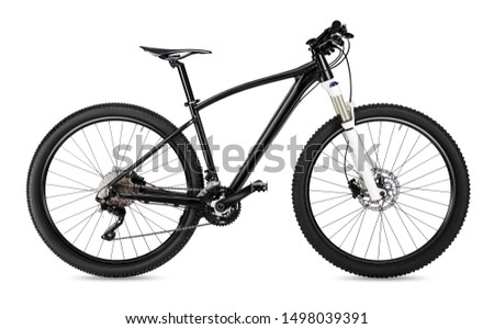 black 650b mountainbike with thick offroad tyres. bicycle mtb cross country aluminum, cycling sport transport concept isolated on white background