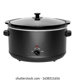 Black 8L Slow Cooker In Stainless Steel Isolated On White. Pressure Cooker With Non-Stick Coating Inner Ceramic Cooking Pot. Small Domestic & Kitchen Appliances. Single Control Knob Settings Heat