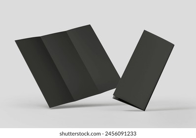 Black A4 trifold paper brochure mockup, Blank tempelate, Leaflet, Pamphlet, Flyer, Booklet, Catalog empty mock-up, 3D Rendered isolated on a light background