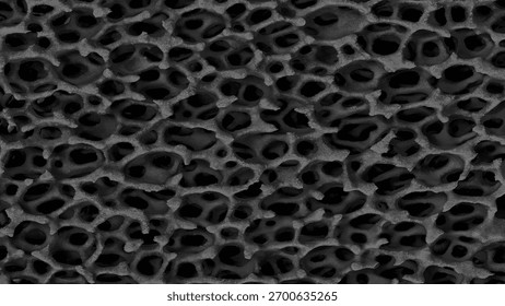 Black abstract patterned surface with many holes as background for the pattern design.  photo has a somewhat eerie and disturbing mood.
