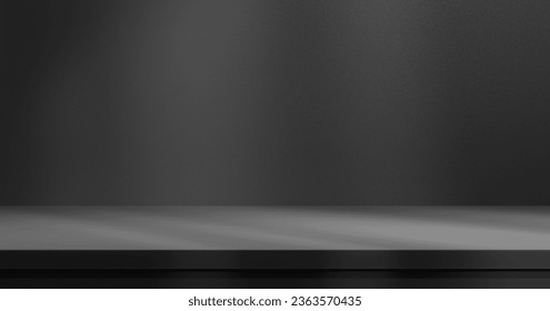 Black abstract table stage with light beams and shadows, empty stage podium for products placement and design.