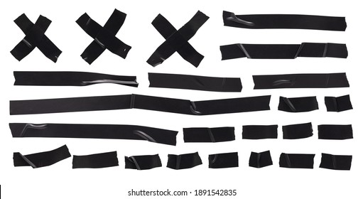 Black adhesive tape, set of different size sticky tape, insulating materials on white background