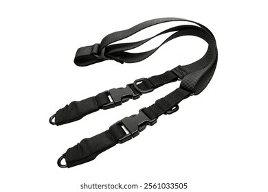 Black adjustable shoulder strap with quick-release buckles and D-rings, suitable for bags or gear, isolated on white background.