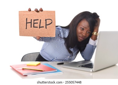 Black African American Ethnicity Tired And Frustrated Woman Working As Secretary In Stress At Work Office Desk With Computer Laptop Asking For Help In Business Frustration Concept