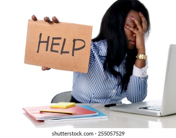 Black African American Ethnicity Tired And Frustrated Woman Working As Secretary In Stress At Work Office Desk With Computer Laptop Asking For Help In Business Frustration Concept