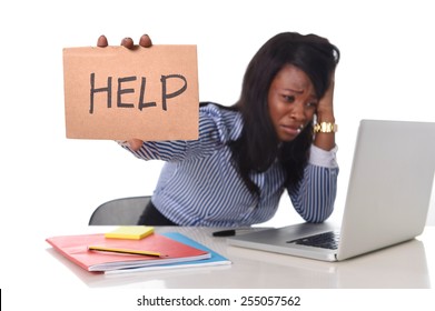 Black African American Ethnicity Tired And Frustrated Woman Working As Secretary In Stress At Work Office Desk With Computer Laptop Asking For Help In Business Frustration Concept