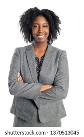 Black African American female businesswoman isolated on a white background looking confident and successful
