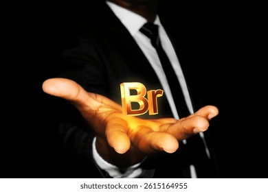 Black African businessman hand in suit and tie with 3D golden Belarusian ruble sign symbol floating hovering in opened palm over black dark background