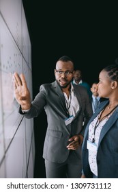 Black African Businessman Pointing And Looking At Large Video Screen For A Presentation During A Conference.