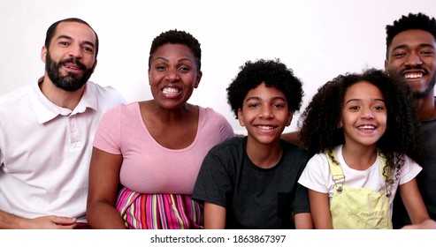 Black African Family Waving Hello To Camera, Parent And Kids Talking To Camera POV