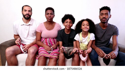 Black African Family Waving Hello To Camera, Parent And Kids Talking To Camera POV