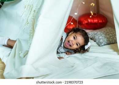 Black, African-american Girl Play In A Tent, Wigwam. Kid Laugh, Have Fun. Happy Childhood