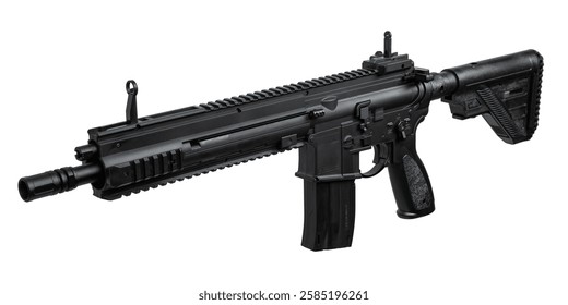 A black airsoft plastic replica of a real AR-type carbine, featuring a collapsible stock, a pistol grip, a magazine, and a rail system for mounting accessories, isolated on a white background.