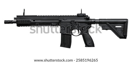 A black airsoft plastic replica of a real AR-type carbine, featuring a collapsible stock, a pistol grip, a magazine, and a rail system for mounting accessories, isolated on a white background.
