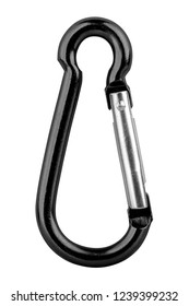 Black aluminium alloy carabiner for camping and outdoor activities. Use it to clip objects together. Isolated on white background, clipping path included.