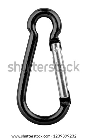 Black aluminium alloy carabiner for camping and outdoor activities. Use it to clip objects together. Isolated on white background, clipping path included.