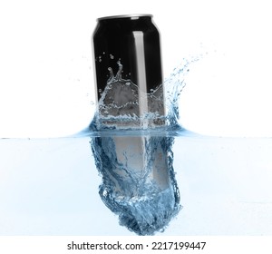 Black Aluminum Can With Splash Of Water On White Background