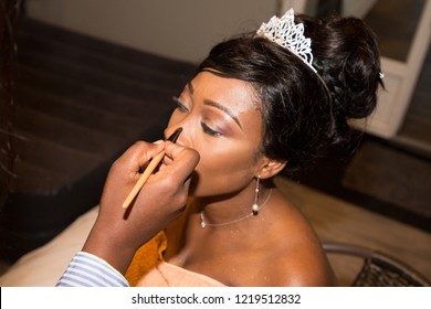 Black American Bride Is Doing Make Up For Wedding Celebration