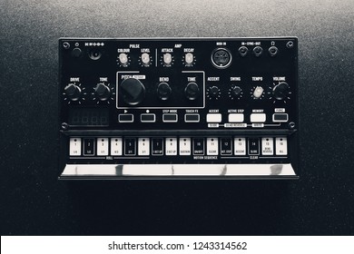 Black Analog Synthesizer, Close-up View