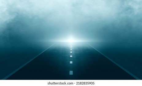 Black Asphalt Road And Empty Dark Street Scene Background With Smoke Float Up Texture Wall Background, The Foggy Road In The Morning, Free For Take-off And Landing Runway At The Airport.