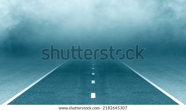 Black asphalt road and empty dark street scene\
background with smoke float up texture wall background, the foggy\
road in the morning, Free for take-off and landing runway at the\
airport.