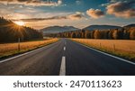 Black asphalt road landscape at sunset in beautiful colorful nature. Highway scenery among mountains in autumn season. Nature landscape on beautiful road in colorful fall. Autumn landscape in Germany.