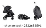 Black baby stroller or pram isolated on white background showing different positions, folded, unfolded, and packed in a carrying bag