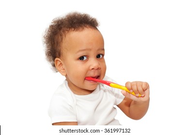 Black Baby Toddler Brushing Teeth. Isolated On White Background.