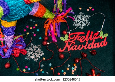 Black Background With Christmas Decorations, In Colors With Mexican Theme, Feliz Navidad
