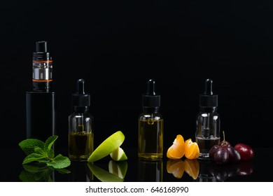 Black Background With A Set Of Fruit Flavors With Reflection On The Surface For An Electronic Cigarette