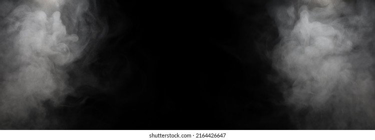 Black Background With White Mist Or Smoke Vapor Effect. Abstract Visible Water Droplets. Floating In The Air