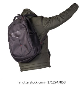 black backpack dressed in a hakki jacket isolated on a white background. rear view of a backpack and jacket