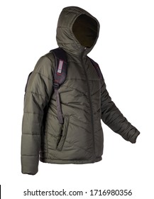 black backpack dressed in a hakki jacket isolated on a white background. rear view of a backpack and jacket