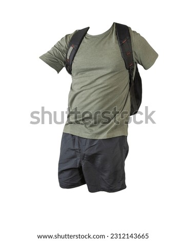 black backpack,dark gray sports shorts,hakki t-shirt isolated on white background.clothes for every day