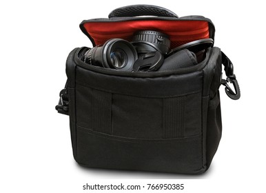 Black bag with camera and accessories. Presented on a white background.