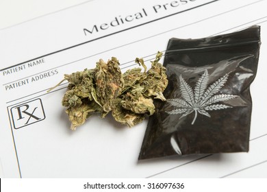 black bag with cannabis print and prescription for medical marijuana