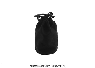 Black Bag Pouch Velvet Material Isolated On White Background.