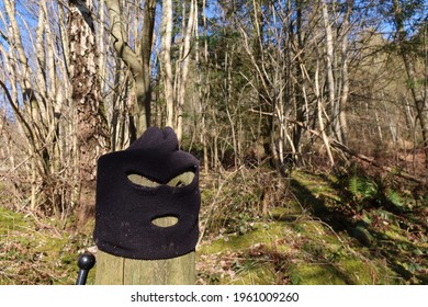 Black Balaclava on a gate post . Trees in the background. Blue sky behind the woods.