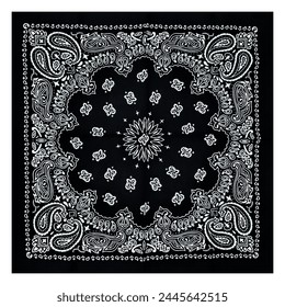 Black bandana with a white pattern. Accessory for concerts, rockers, bikers, rappers, hip-hop, metalheads, punk rock, rap. An element of clothing. Handkerchief for the face of gangsters.