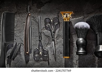Black Barber Tools Set. Barber Shop. Professional Barber Hair Cutting Scissors Hairdresser Carbon Comb Tail Hairpin Hair Сlipper Stright Razor Shaving Brush Neck Brush. On Black Background  - Shutterstock ID 2241707769