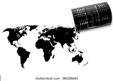  Black Barrel Pouring And Spilling Out Oil Fuel Liquid Crude As A Map Of The World As An Energy Concept Of International Commodities Trading By The Oil Cartel