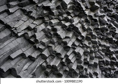 Black Basalt Column Formation In Iceland. Closeup. Horizontal.